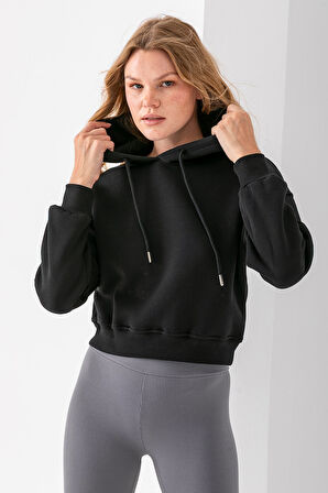 Kadın Kapüşonlu 3İp Şardonlu Crop Sweatshirt Siyah - 2612