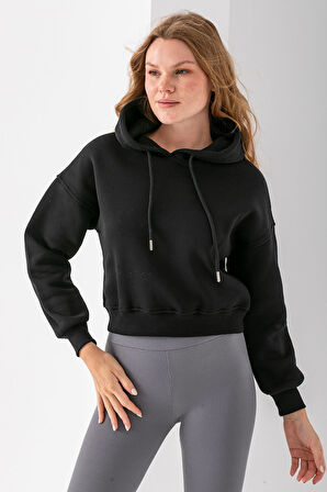 Kadın Kapüşonlu 3İp Şardonlu Crop Sweatshirt Siyah - 2612