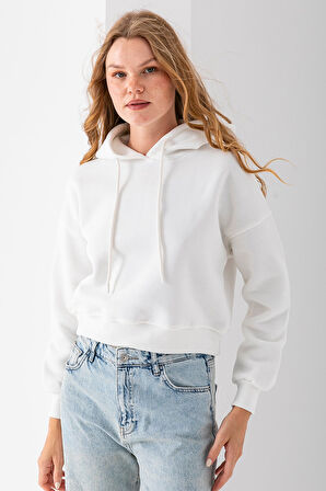 Kadın Kapüşonlu 3İp Şardonlu Crop Sweatshirt Beyaz - 2612
