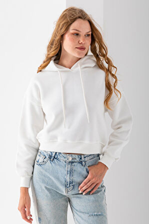 Kadın Kapüşonlu 3İp Şardonlu Crop Sweatshirt Beyaz - 2612