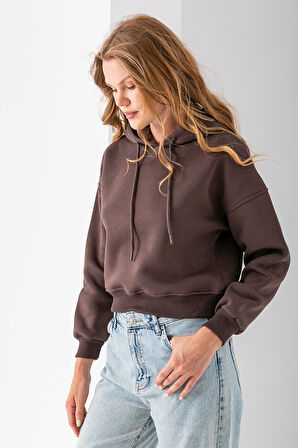 Kadın Kapüşonlu 3İp Şardonlu Crop Sweatshirt Kahverengi - 2612