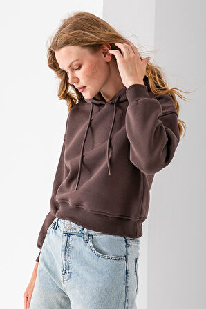 Kadın Kapüşonlu 3İp Şardonlu Crop Sweatshirt Kahverengi - 2612