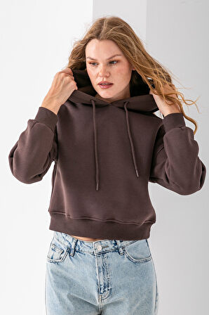 Kadın Kapüşonlu 3İp Şardonlu Crop Sweatshirt Kahverengi - 2612