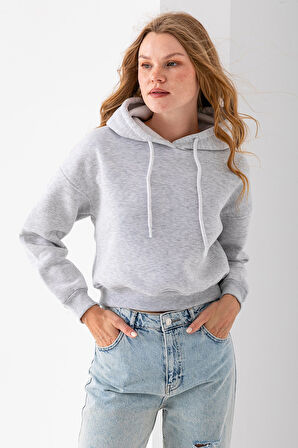 Kadın Kapüşonlu 3İp Şardonlu Crop Sweatshirt Gri - 2612