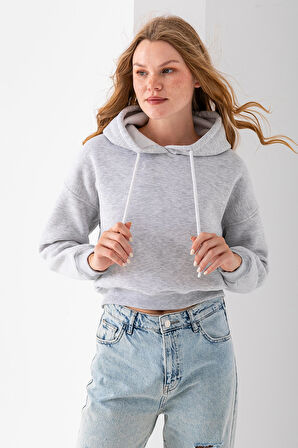 Kadın Kapüşonlu 3İp Şardonlu Crop Sweatshirt Gri - 2612