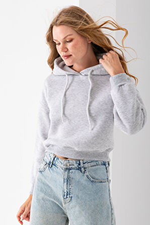 Kadın Kapüşonlu 3İp Şardonlu Crop Sweatshirt Gri - 2612