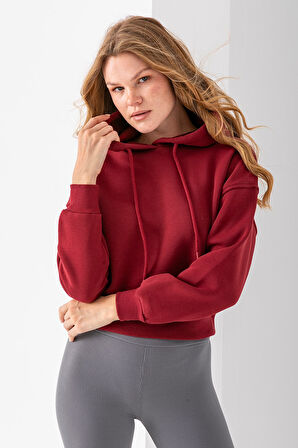 Kadın Kapüşonlu 3İp Şardonlu Crop Sweatshirt Bordo - 2612