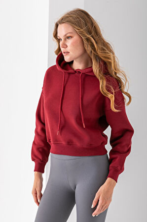 Kadın Kapüşonlu 3İp Şardonlu Crop Sweatshirt Bordo - 2612