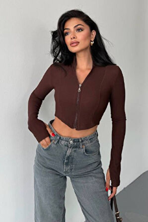 Kadın Dik Yaka Parmak Geçirmeli Fermuarlı Crop Sweatshirt Kahverengi - 26K 1776