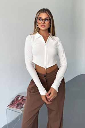Kadın Polo Yaka Çift Fermuarlı Crop Sweatshirt Beyaz - 26K 1785