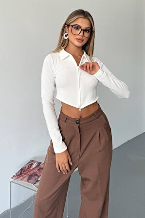 Kadın Polo Yaka Çift Fermuarlı Crop Sweatshirt Beyaz - 26K 1785