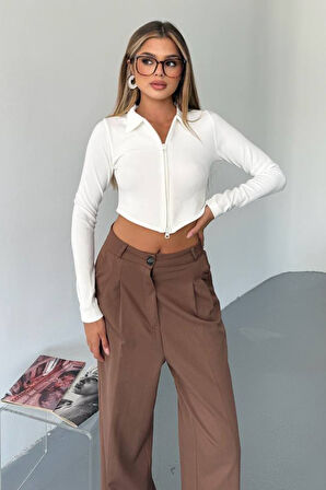Kadın Polo Yaka Çift Fermuarlı Crop Sweatshirt Beyaz - 26K 1785