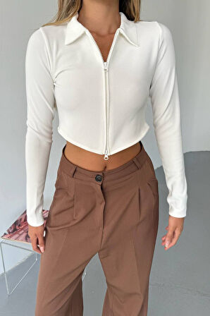 Kadın Polo Yaka Çift Fermuarlı Crop Sweatshirt Beyaz - 26K 1785