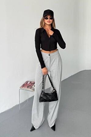 Kadın Polo Yaka Çift Fermuarlı Crop Sweatshirt Siyah - 26K 1785