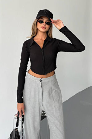 Kadın Polo Yaka Çift Fermuarlı Crop Sweatshirt Siyah - 26K 1785