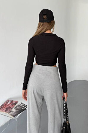 Kadın Polo Yaka Çift Fermuarlı Crop Sweatshirt Siyah - 26K 1785