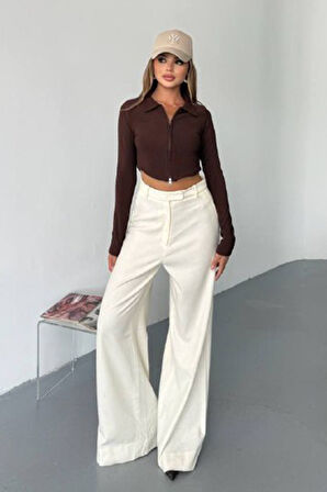 Kadın Polo Yaka Çift Fermuarlı Crop Sweatshirt Kahverengi - 26K 1785
