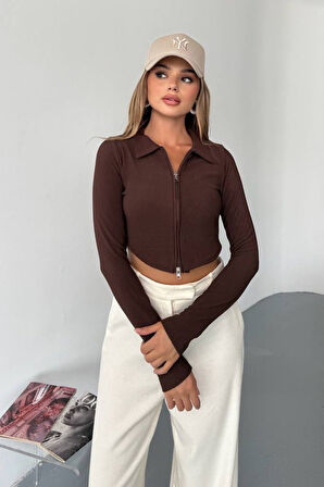 Kadın Polo Yaka Çift Fermuarlı Crop Sweatshirt Kahverengi - 26K 1785