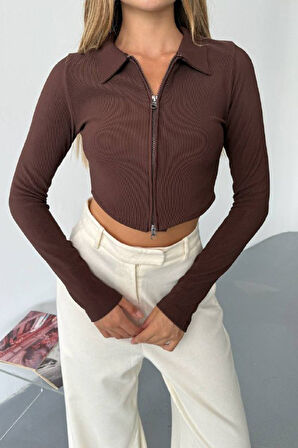 Kadın Polo Yaka Çift Fermuarlı Crop Sweatshirt Kahverengi - 26K 1785