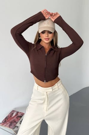 Kadın Polo Yaka Çift Fermuarlı Crop Sweatshirt Kahverengi - 26K 1785