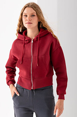 Kadın Tam Fermuarlı Kapüşonlu Cepli Kısa Oversize Sweatshirt Bordo - 2503