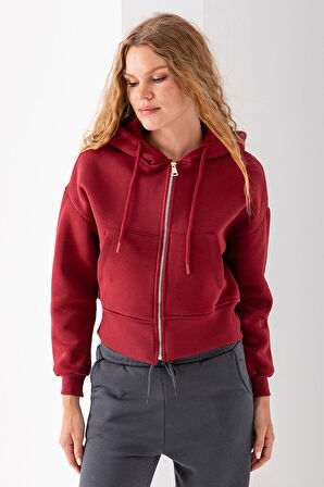 Kadın Tam Fermuarlı Kapüşonlu Cepli Kısa Oversize Sweatshirt Bordo - 2503