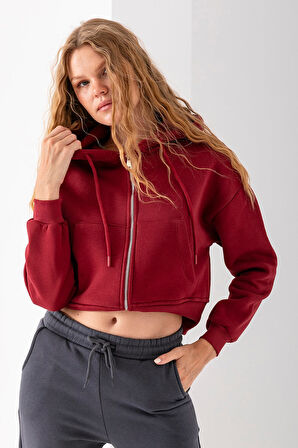 Kadın Tam Fermuarlı Kapüşonlu Cepli Kısa Oversize Sweatshirt Bordo - 2503