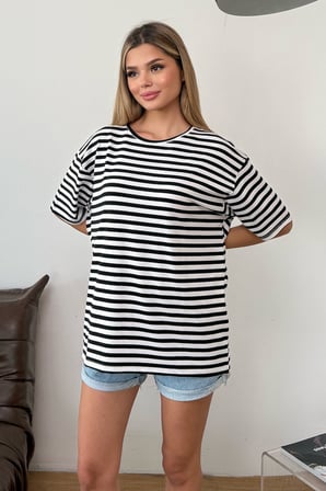 Kadın Bisiklet Yaka Oversize Çizgili T-Shirt Siyah Beyaz - 26Y 508