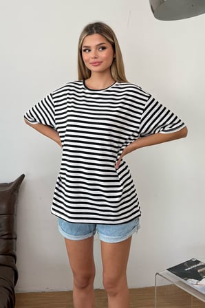 Kadın Bisiklet Yaka Oversize Çizgili T-Shirt Siyah Beyaz - 26Y 508