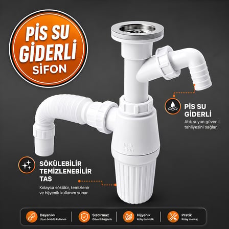 Badem10 Çift Giderli Pis Su Sökülebilir Tas'lı Sifon Körüklü Temizlenebilir Mutfak Banyo Lavabo Borusu Gideri