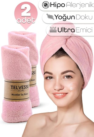 Mikrofiber Saç Havlusu Süper Emici Hızlı Kuruyan Türban Saç Havlusu Şapkası – Uzun Kıvırcık Kalın Saçlar İçin Duş Saç Kurutma Havlusu, Plaj Havuz Banyo Kullanım (2li Pembe)
