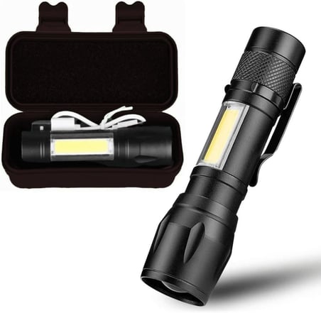 USB Şarjlı Mini El Feneri – Ultra Güçlü LED Fener, 3 Modlu Işık, Metal Kasa, Klipsli Taşınabilir Aydınlatma, Kutulu Cep Feneri, Şarj Kablosu Dahil