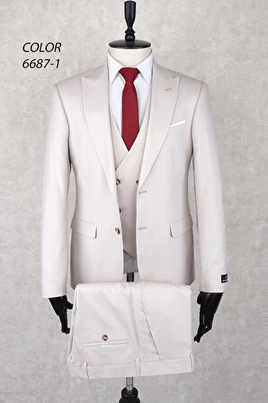Slim Fit Sivri Yaka İki Düğme Çift Yırtmaç  Krem Rengi  Drop 6 Yelekli Takım Elbise