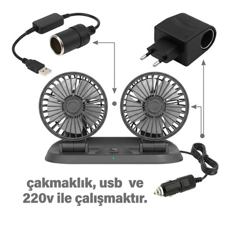 Araç Araba Otomobil Mini 2 li Vantilatör Fan Pervane Soğutucu, Karavan, Tır, Ofis, AC to DC aparat dahil