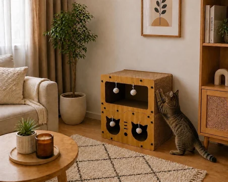 PUREZA Ahşap Kedi Evi &amp; Karton Tırmalama Alanı