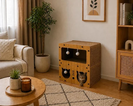 PUREZA Ahşap Kedi Evi &amp; Karton Tırmalama Alanı