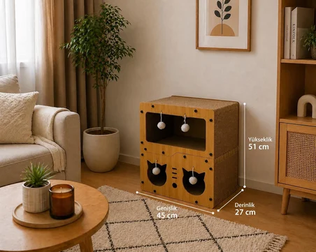 PUREZA Ahşap Kedi Evi &amp; Karton Tırmalama Alanı
