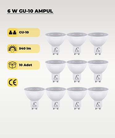 6W GU10 Led Ampul 3200K Sarı Işık 10 Adet