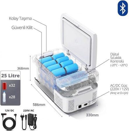 CLK25B 12/24Volt/ 220Volt 25 Litre Kompresörlü Bluetooth Bağlantılı Oto Buzdolabı