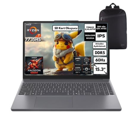 Lenovo Ideapad Slim 3 Ryzen 7-7735HS 40-GBDDR5 2 TBSSD 15.3" WUXGA Windows 11 Pro + QB Sırt Çantası 83K70098TRQB18