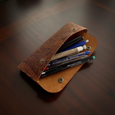 El Yapımı Kalemlik Hakiki Deri, Deri Küçük Kalem Kutusu – İş, Ofis, Okul Aksesuar Tutucu, Klasik ve Minimal El Yapımı Tasarım Vintage Kalemlik (Desenli Camel)
