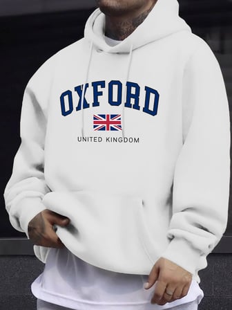 Oxford Birleşik Krallık Mektup Ve Bayrak Baskılı Erkek Eşofman Sokak Stili Bol Kapüşonlu Spor