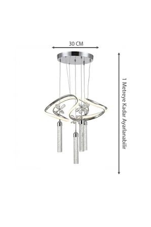 Lüks Gümüş Baloncuklu Kristal 4 Sarkıtlı Çemberli Serisi 3 Renk Modern Kelebekli Avize