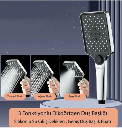 Kare 3 Fonksiyonlu Yüksek Basınçlı Ayarlanabilir Duş Başlığı