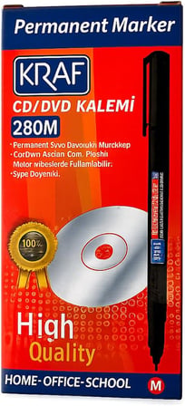 Kraf Permanent Marker CD/DVD Kalemi 280M, Mavi, Orta Uç, Cam-Plastik-Metal Yüzeyler için, 12'li Paket