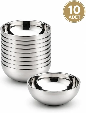 Paslanmaz Çelik Çift Katmanlı Çerez Kasesi 10’lu Set 11,5 cm Isı Yalıtımlı Çelik Kase Kahvaltılık Çorba Çerez Meyve Yoğurt Servis Kasesi Kaymaz Dayanıklı Metal Mutfak Kasesi