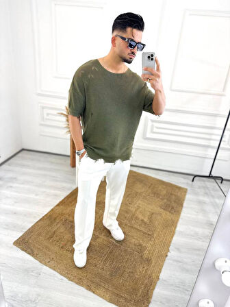 Yırtık Detaylı Tişört Lazer Kesim Tshirt