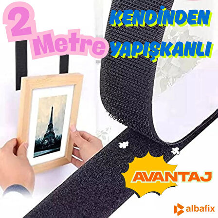 Kendinden Yapışkanlı Cırt Bant 2cmx2metre Siyah , Arkaları Güçlü Yapışkanlı (2 m halka ve 2 m kanca birlikte takım) 