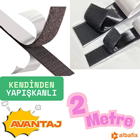 Kendinden Yapışkanlı Cırt Bant 2cmx2metre Siyah , Arkaları Güçlü Yapışkanlı (2 m halka ve 2 m kanca birlikte takım) 