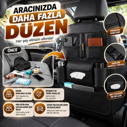 Premium Oto Koltuk Arkası Organizer Koruyucu ve Düzenleyici Suni Deri Su Geçirmez Çok Cepli Fonksiyonlu Araba Araç İçi Cep Çanta Üniversal Siyah